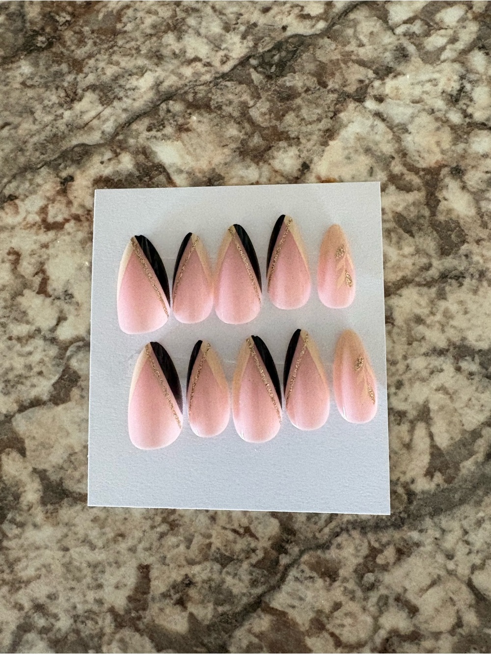 Pink Almond Press-On Nails with Black & Gold Accent